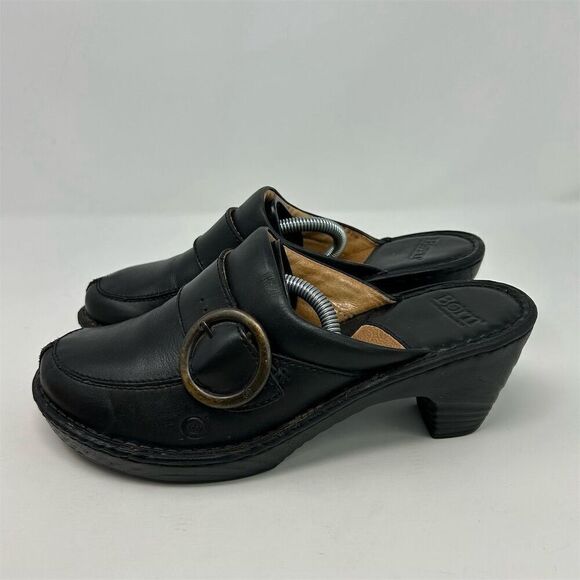 Born Women's Black Leather Slip On Mules Size 9 Buckle Accent Fall Comfort - Picture 7 of 13